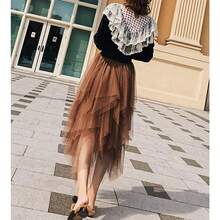 LB.KKC Women's Tulle Skirt Formal High Low Asymmetrical Midi Length Elastic Waist Tutu Layered Puffy Fairy Skirts - màu nâu - Xem 3