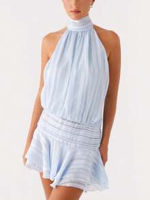 Women Pleated Halter Mini Dress Sleeveless Off The Shoulder Open Back Layered Ruffle Hem Bodycon Short Dress Summer Backless Ruced Tiered A-Line Going Out Dresses Party Club Beach Cute Dress - 藍色 - 查看 3
