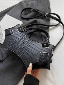 Gothic Bat Wing Handbag Y2K Rock Punk Style Rivet Decoration Solid Color Crocodile Pattern Adjustable Shoulder Strap Shoulder Crossbody Bag Suitable For Cosplay Party Halloween Music Festival Street Shooting.