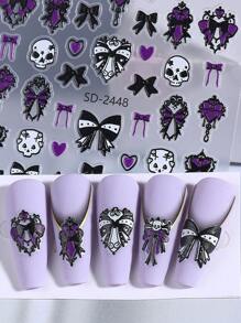 Pegatinas para uñas de Calavera de Moño 5D, 2 piezas, diseño de Corazón de Moño y Calavera, en colores púrpura, negro y blanco, decoración de uñas autoadhesiva, estilo Y2K japonés y coreano, para otoño e invierno, suministros de arte de uñas