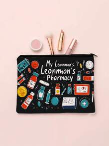 1 bolsa de cosméticos durável de poliéster com fecho de zíper - estampa dupla face "My Leonmon's Pharmacy", organizadora de viagem multifuncional para mulheres, presente perfeito para irmãs, melhores amigas e farmacêuticas, cores variadas, itens essenciais do dia a dia, estampa divertida, estrutura resistente, bolsa estampada, presente de farmacêutico