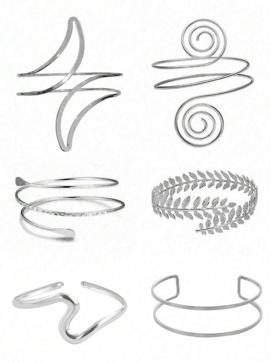 6 件套几何金属叶螺旋新月线手链袖口手镯女士 - 銀色 - 查看 1
