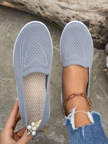 2025新款时尚休闲运动户外女鞋软底针织平底鞋透气软底鞋休闲轻便一脚蹬 - 灰色 - 查看 2