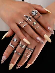 Set de 13 anillos estilo punk, anillos minimalistas sexy de moda con diseños de corazón y geométricos, adecuados para mujer en fiestas, vacaciones y conjuntos