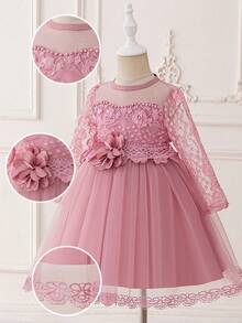 Lace Long Sleeve Faux Pearl Mesh Elegant Piano Recital Dress For Young Girls, Suitable For School Performance, Birthday Party, Excludes Headpiece - Bụi hồng - Xem 5