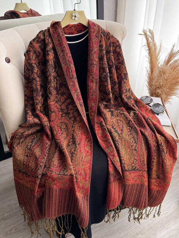 1pc Pashmina Red Shawl Two Tone Paisley Jacquard Scarves Beach Cover Up Sarong Cashmere Feel Rave Soft Silky Reversible Wrap Scarf Fringes Daily Life Evening Dresses Travel Office Wedding And Gift