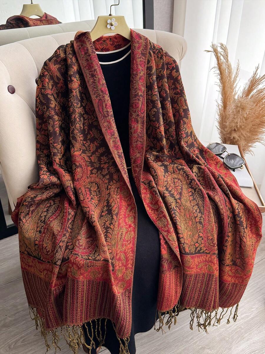 1件套羊绒红色披肩，双色佩斯利提花围巾，沙滩罩衫，羊绒质感，柔软丝滑，双面可用，流苏设计，适合日常、晚宴、旅行、办公、婚礼等场合，亦可作为礼物。