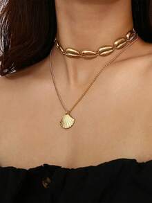 1pc Beach Style Alloy Layered Shell Pendant Necklace For Women - Double Layer Personalized Alloy Ladies Necklace - View 3