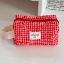 Sac de toilette et de maquillage portable à carreaux rouges de canneberge, sac de rangement en tissu doux pour la maison et les voyages, sac de toilette pour femme, produits de voyage essentiels pour la plage, les vacances, l'école, les fournitures scolaires, les besoins de la chambre universitaire
