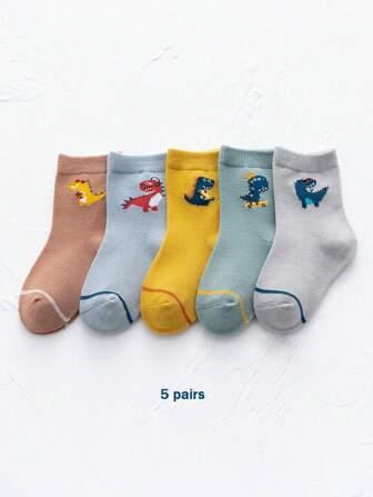 5 paires de chaussettes mi-mollet pour tout-petits/enfants imprimées de dinosaures, qui absorbent l'humidité, lavables en machine, convenant pour être portées avec des baskets, toutes saisons