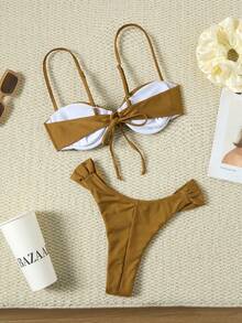 全新纯色简约日常装欧美风女士比基尼套装，非常适合海滩度假 - 棕色 - 查看 2