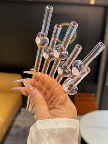 6pcs Cute Pink Heart-Shaped Glass Straws - Reusable Drinkware Set With Cleaning Brushes | Shatter-Resistant Milky Tea Smoothie Accessories, Perfect For Bachelorette Party & Bridal Engagement Decor Gift, Girlfriend Gift - Multicolor - View 7