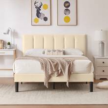VECELO Double Bed Frame With 4 Storage Drawers, Upholstered Platform With Adjustable Velvet Headboard, Solid Wood Slat Support, No Box Spring Needed, Easy Assembly, Beige - Beis - Ver 8
