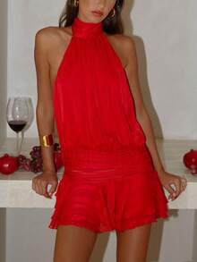 Women Pleated Halter Mini Dress Sleeveless Off The Shoulder Open Back Layered Ruffle Hem Bodycon Short Dress Summer Backless Ruced Tiered A-Line Going Out Dresses Party Club Beach Cute Dress