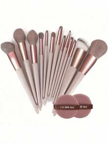 13pcs Makeup Brush Set + 1pc #4 Foundation Brush + 1pc Brown Makeup Sponge + 2pcs Round Powder Puff, Eyeshadow, BB Cream, Concealer, Full Face Soft Cosmetic Makeup Brushes Tools For Women
