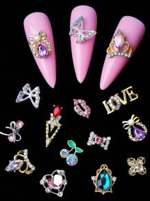 Un paquete de 24 lujosos sets mixtos de uñas de doble color en oro y plata, accesorios de decoración de uñas 3D con rhinestones, flores de diamantes, mariposas, adornos metálicos con forma de cereza, vidrio, cristal, gemas, joyería para uñas, accesorios de manualidades para uñas de niñas, decoración tridimensional