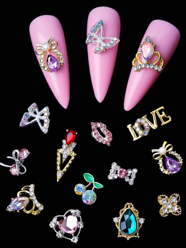 24 piezas de lujoso arte de uñas de dos colores dorado y plateado, piedras de cristal 3D, flores de diamante, mariposa, en forma de cereza de metal, vidrio, cristal y gemas, joyas para el arte de uñas, uñas hechas a mano DIY para niñas, decoración tridimensional