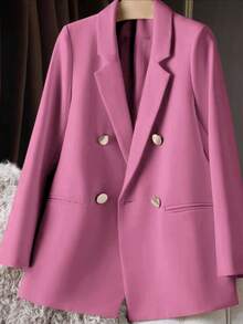 女士休闲宽松双排扣西装外套，翻领设计，长袖，优雅时尚，适合约会、派对、婚礼、圣诞节、万圣节、春季、狂欢节、海滩、生日等场合。 - 紫粉紅色 - 查看 4
