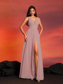 Dusty Pink Bridesmaid Dress Long Chiffon Formal Gown With Slit For Wedding Guest, Prom, Gala, Evening Party, Banquet, Cocktail, Red Carpet, Formal Ceremony, Pageant, Holiday Party, V Neck Sleeveless A-Line Maxi Dress For Women - Dusty Pink - View 6