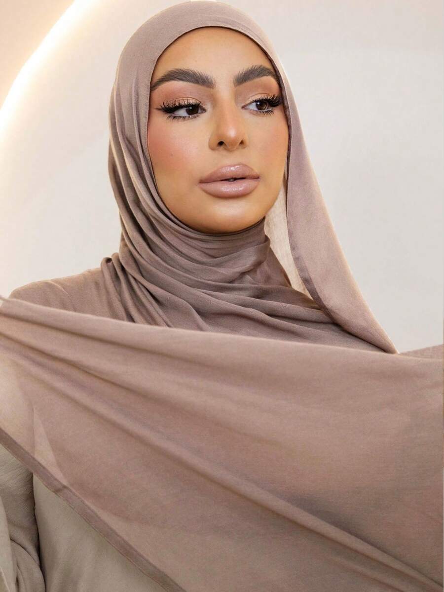 1pc Women Jersey Hijab, 100% Modal Soft Breathable Hijab Scarf, Solid Color, Headwrap, Suitable For Daily, Outdoor Prayer, Worship, 180cm*70cm - Light Khaki - View 1