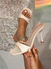 女士纯色方头穆勒细高跟凉鞋