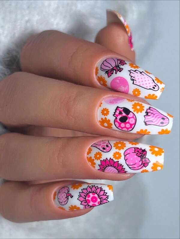 Améliorez votre look avec 24 pièces d'ongles courts en forme de cercueil rose Halloween, créatifs, de bandes de dessin animé mignon, avec des bandes de lime, 1 pièce de colle de gelée