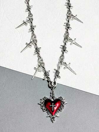 Goth Subculture -Inspired Heart Sword & Thorn Pendant Necklace, Retro Harajuku Hip-Hop Street Style