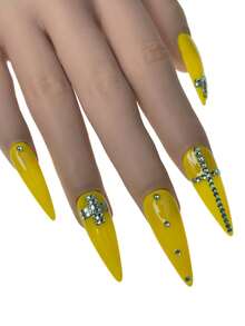 10 pezzi di unghie finte applicate, realizzate a mano, rimovibili, realistiche, lunghe e appuntite, con design originale , gioielli in diamante giallo e blu, minimalista, forniture per unghie estive in stile Y2K, con adesivi e colla per unghie per donne e ragazze