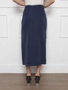 Women's Midi Skirt Side Detail Fake Zipper Pocket At The Back - 藏蓝色 - 查看 4