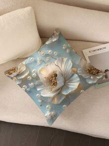 1 件时尚花卉和珍珠图案印花抱枕套，家居装饰靠垫套（无内衬），适用于沙发、客厅、返校季、学校用品