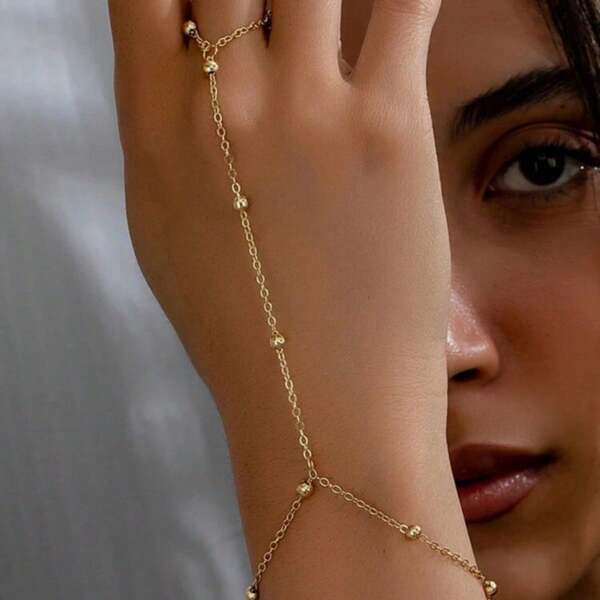 1pc Fashionable Minimalist Metallic Beaded Finger Chain, Bead Quantity Randomly Varies By Length
