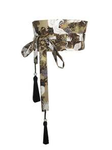 1pc Black Crane Tassel Waist Belt, Printed Stylish Wide Waistband For Women Fall, Autumn, Halloween - Multicolor - View 2