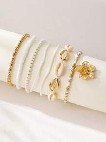 7pcs/Set Bohemian Beach Style Seashell Beaded Flower Anklet Set For Women