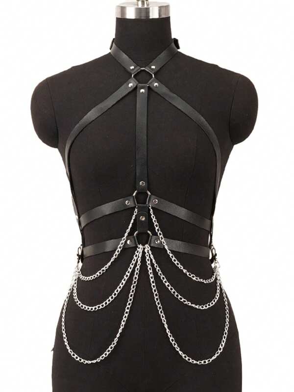 Cinturón de doble capa con estilo europeo y americano, cinturón de PU con cinturón de sujeción y correa trasera, estilo de moda punk para discoteca, accesorio sexy de lencería