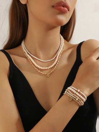 Set de 3 collares + 5 pulseras, de estilo bohemio sencillo. Collares y tobillleras con cuentas de colores, adecuado para reuniones diarias, festivales y regalos familiares