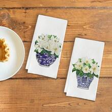 2 Pcs Blue And White Porcelain Chinoiserie Kitchen Towels, 16x24 Inch, Set Of 2, Hydrangea Floral Dish Towels Tea Towels For Kitchen, Chinoiserie Decor Hand Towels For Bathroom, Grand Millenial Decor - 藍白1 - 查看 4