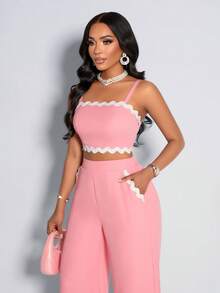 AIJ Amarilo Women's Pink Sweet White Ruffle Trim Cropped Cami And Wide Leg Pants 2 Pieces Casual Vacation Chic Outfit - Pink - View 6