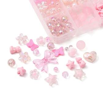 High Quality Clear Pink Acrylic Beaded DIY Set With Multiple Beaded Butterfly, Heart, Pentagram, Flower, Rabbit And Bear Shapes Is The Perfect Holiday Gift For Girls Bracelets, Necklaces And Earrings.