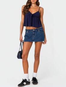Women Babydoll Cami Tops Summer V Neck Spaghetti Strap Flowy Ruffle Crop Tank Tops Casual Backless Peplum Camisole - 深藍色 - 查看 4