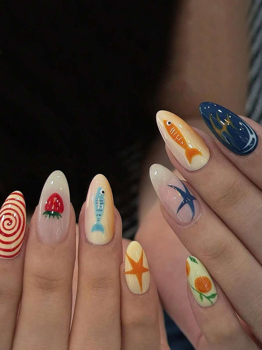 24 Pieces Of Almond-Shaped Creative Hand-Painted Wearing Armor Gift Box Summer Fingertip Roaming Mix And Match The Ocean And Fruit Flavor, Blue Fish On Orange Gradient With Red Strawberry Ins Style Cool Girl, Holiday Beach Essential Fake Nails With Jelly Glue 1 Piece File Strip 1. Press On Nails Nail Supplies Nails - Multicolor - View 1