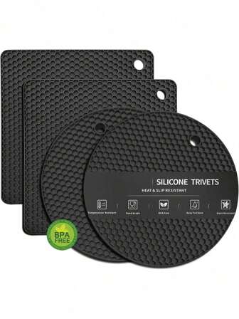 4pcs Black Heat Resistant Placemat Tabletop Coasters,Pack Of 4, Multi-Purpose Silicone Thermal Insulation Pad, Microwave Oven Pad, Kitchen Thermal Pad, Hot Dish Thermal Insulation Pad, Placemat, Suitable For Hot Pot Pots, Bowls, Kitchen Counters, Heat Resistant