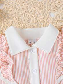 2pcs Baby Girls Casual Cap Sleeve Striped Panel Shirt With Bowknot Skirt Outfits, Including Headband