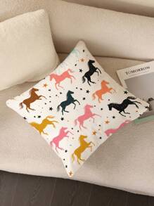 1 pièce Housse de coussin décoratif imprimé avec un cheval de bande dessinée minimaliste mode, sans rembourrage. Convient pour le canapé et le salon