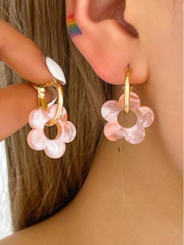 1 Pair Cute Acrylic Five-Petaled Pendant Earrings, Suitable For Women, Date Night, Party, Gift - Clover Element