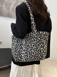 大容量豹纹背包，2025夏季新款百搭休闲手提包，单肩托特包适合上学通勤 - 黑色 - 查看 5