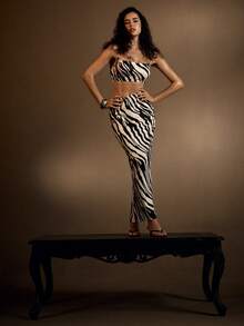 Glamine BamGleam 2025 Conjunto de suspensórios com gola quadrada e estampa de zebra, verão, novo, sexy, conjunto de saia longa e justa, moda casual para férias, roupas femininas quentes de verão