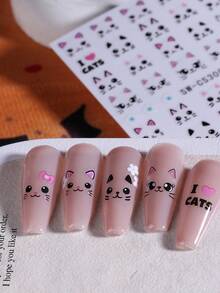 2 hojas de pegatinas de arte de uñas de gato súper lindas, patrón de gato rosa y negro, accesorios de decoración de uñas autoadhesivos, adecuados para mujeres y niñas diseño de uñas DIY - Multicolor - Ver 7