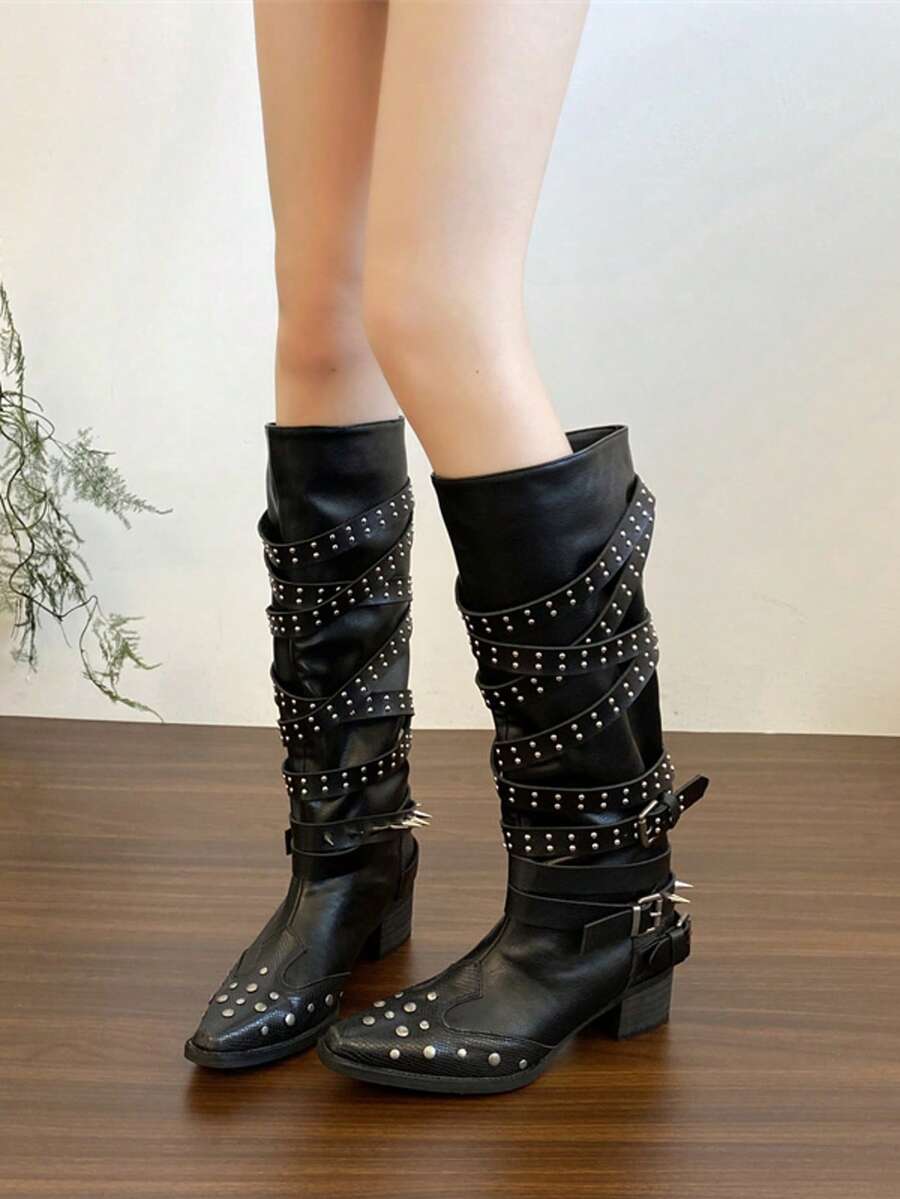 Vintage Rivet High Shaft Pointed Toe Chunky Heel Side Zipper Long Boots, Women's Summer & Autumn/Winter Versatile Knee-High Western Cowboy Riding Boots, Retro British Style - Black - View 1