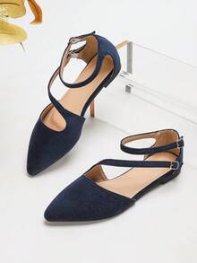 Christmas Discount Women's Flat Shoes, Pointed Toe Buckle Strap Design, Low Vamp Hollow Out Sandals, Criss-Cross Strap Design, Navy Blue Flats, Comfortable Ballet Flats, Party Shoes - Blue - View 5