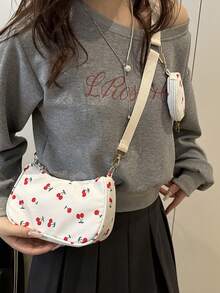 2pcs Set: Mini Geometric Pattern Square Coin Purse & Classic Women Crossbody Bag With Hanging Pouch, Cherry Blossom Design - Red and White - View 6